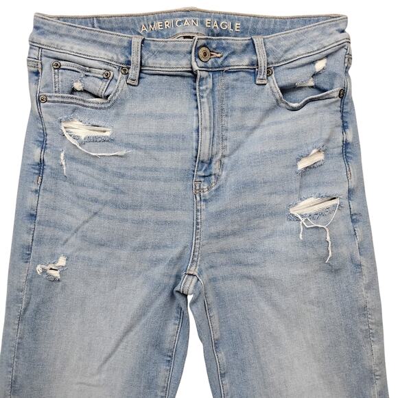 American Eagle Super Rise Flare Jeans Size 6 Light Blue Wash Distressed - Picture 3 of 10
